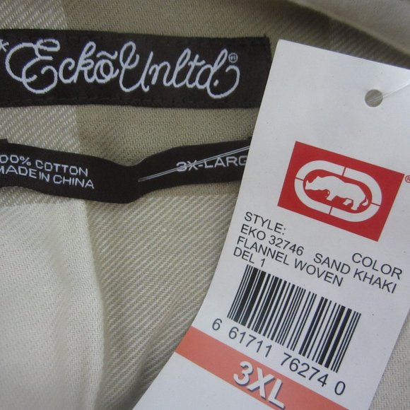 New Ecko Unltd Flannel Shirt Mens 3X Beige Plaid lS Cotton Button Front NWT - Picture 3 of 7